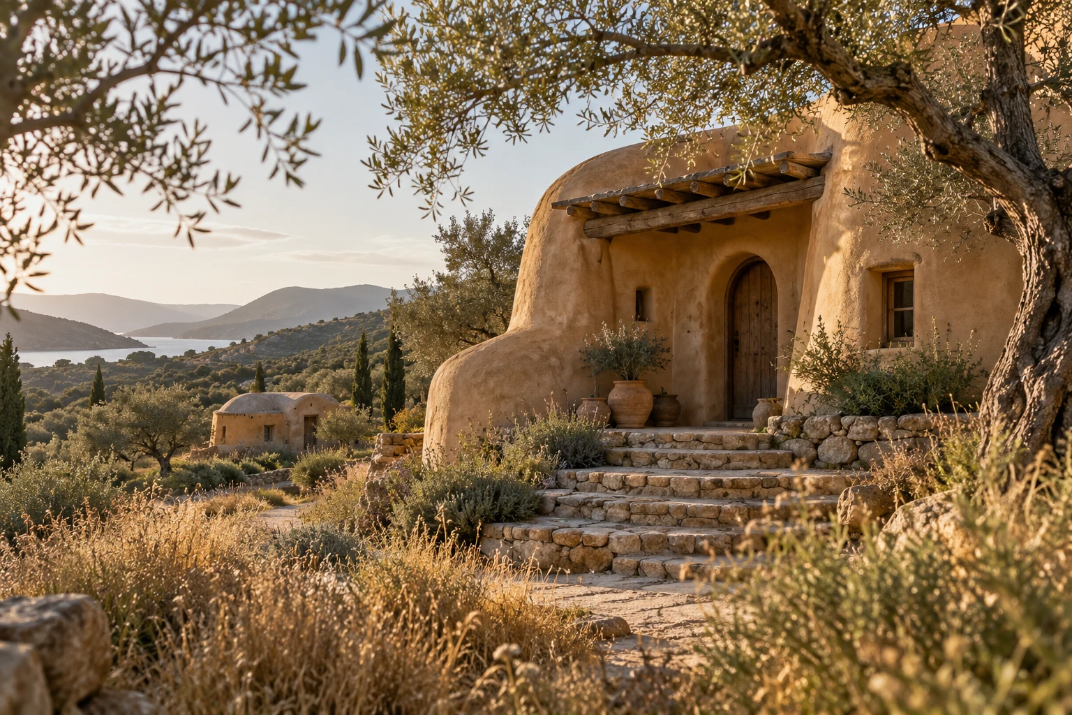 Illustrative earthen house with rounded adobe walls among olive trees